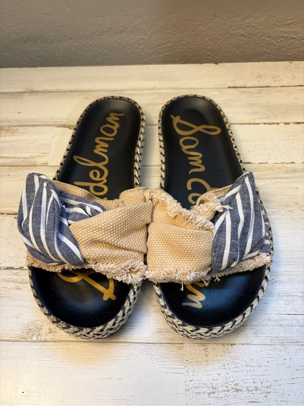 Sam Edelman Beige & Navy Striped Knotted Slide Mules